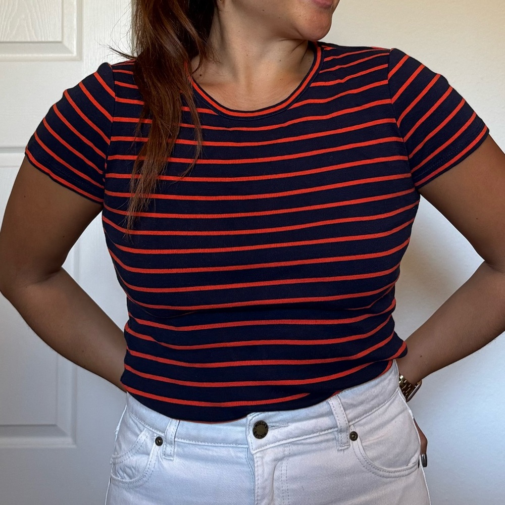J. Crew Navy and Red Striped Short Sleeve Tee